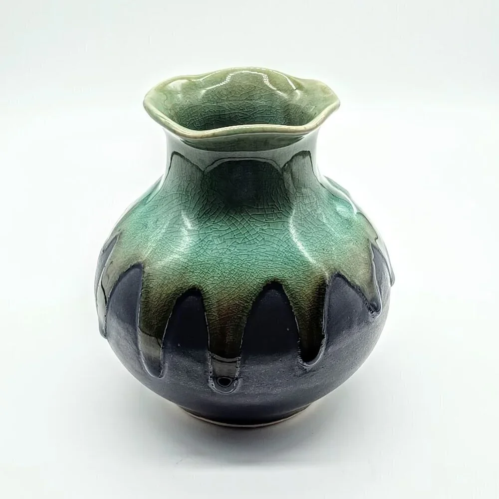 Vietnamese Hand-Crafted Drip Glazed Ruffle Rim Ceramic Vase